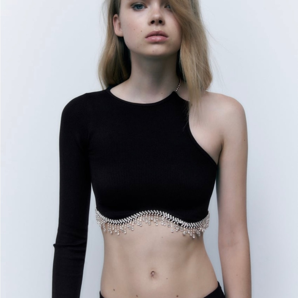 ZARA Limitless Contour Rhinestone Asymmetrical Sleeve Top Black Size XS S NWT